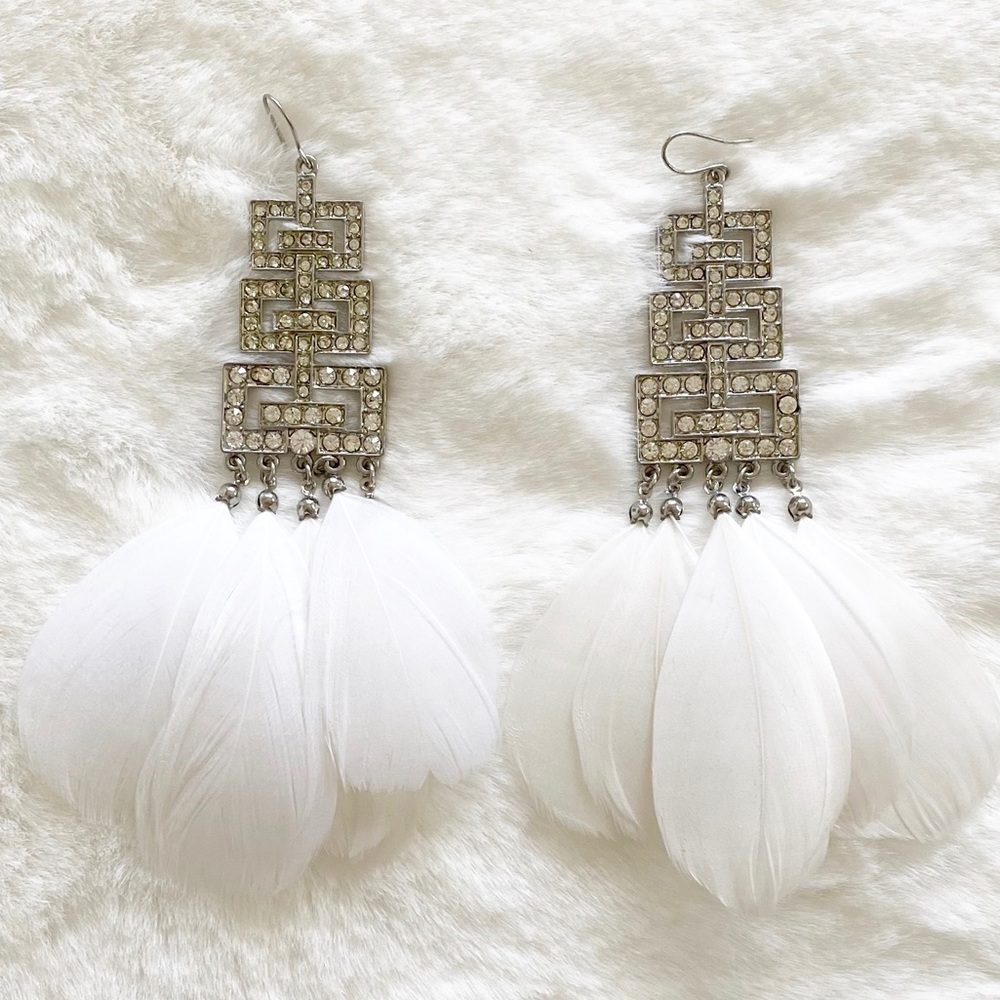 Silver Rhinestone Festive White Feathers Earrings.
